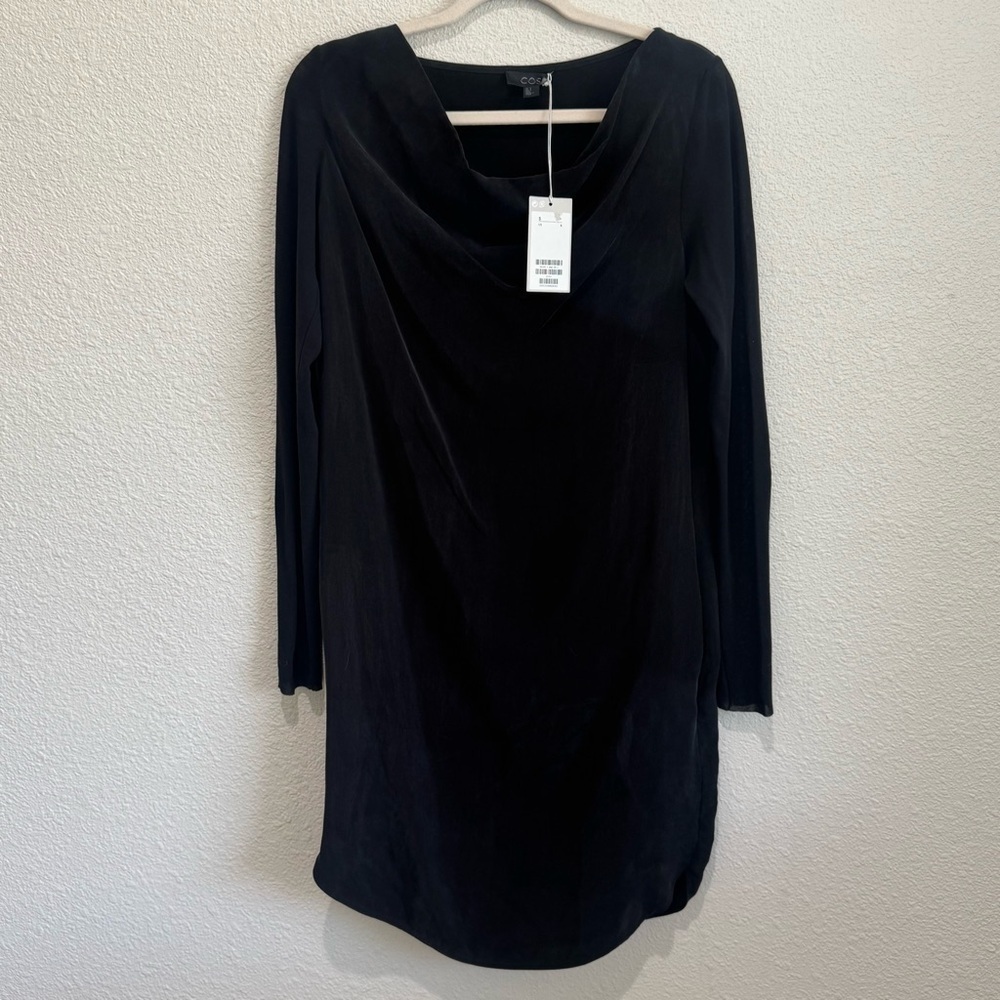 NWT Cosβ Womens Size 6 Black Sheath Drape Neck Dress Office Preppy Minimal Boho